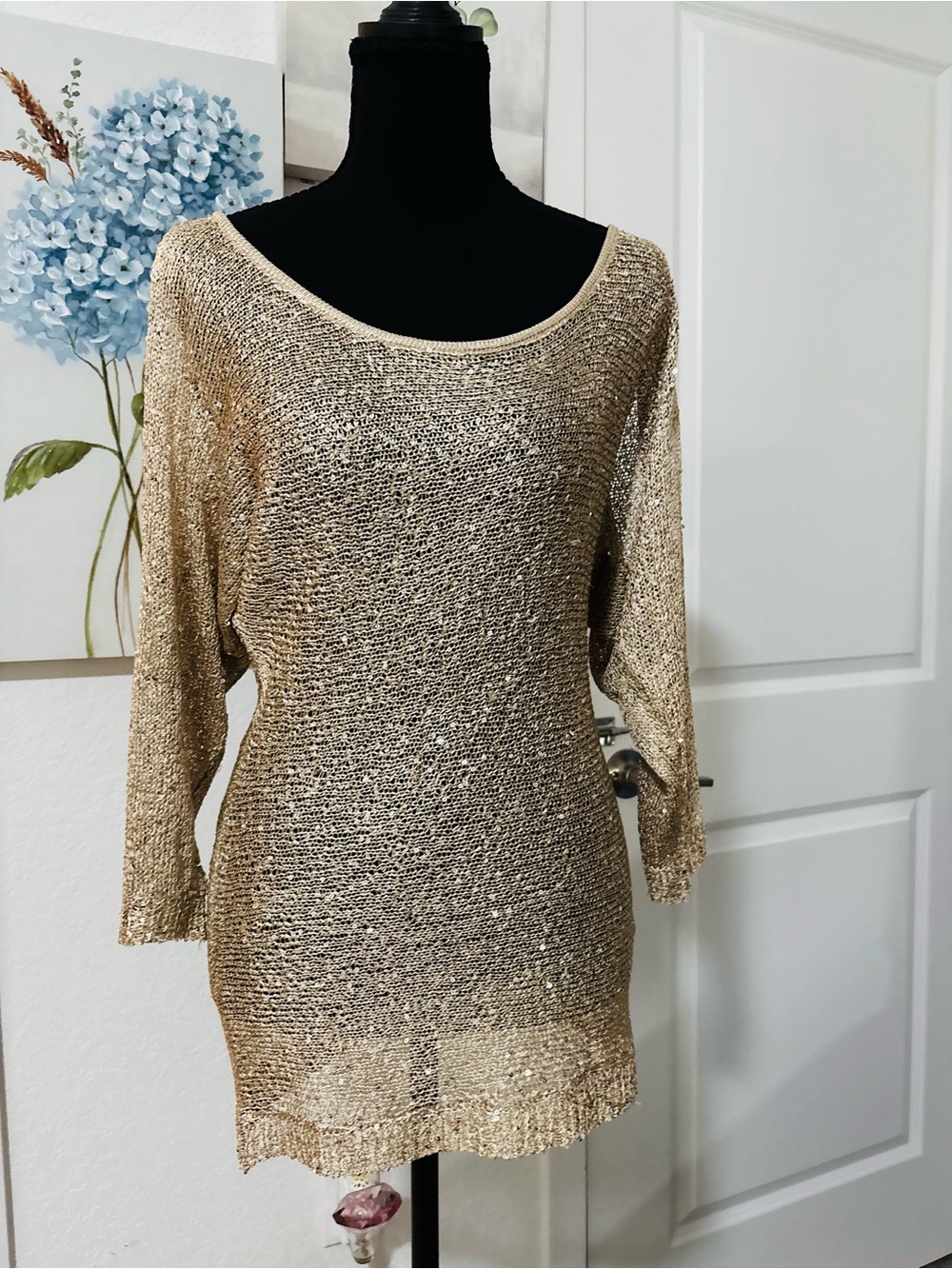 bebe Gold Metallic Open Knit Sweater Top